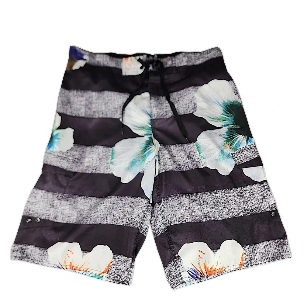Hang Ten Board Shorts sz 32 M Mens Stripe Black White‎ Orange Hibiscus 12